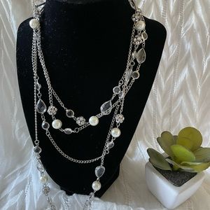 Very long silver tone chain with clear teardrop, rhinestone & white faux Pearl